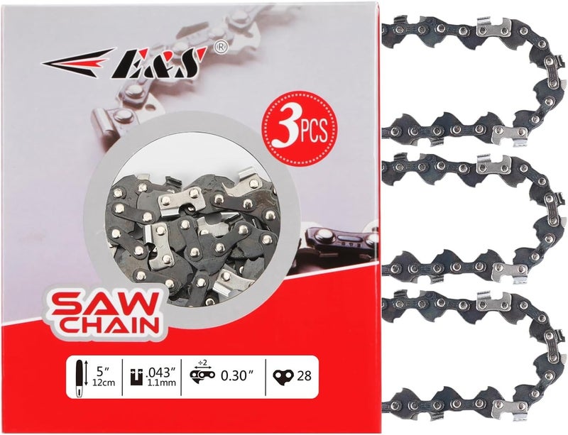 ES 3 Pack 5 Inch Chainsaw Chain 0.30" Pitch .043" Gauge 28 Drive Links Semi-Chisel Chain Saw Chains for Husqvarna, Poulan, Craftsman, Greenworks and More Chainsaw Brands - Image 1